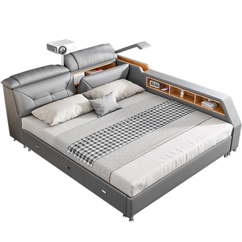 Modern Grey USB Leather Platform Bed