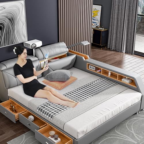 Modern Grey USB Leather Platform Bed