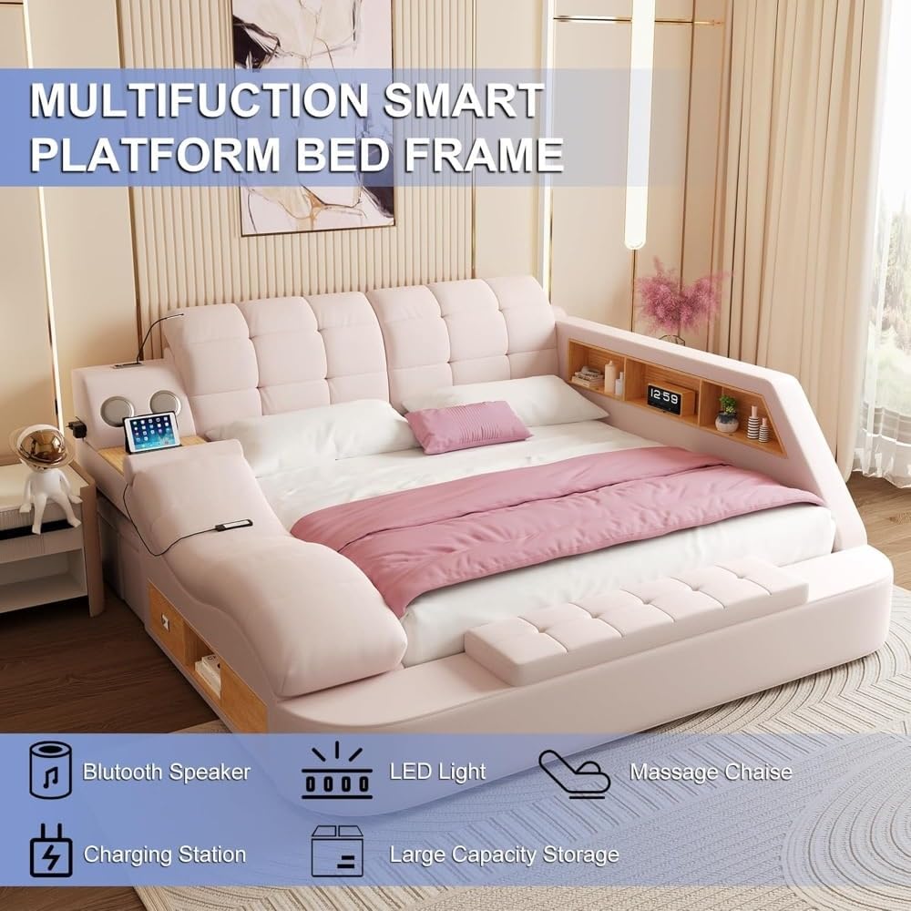 King Smart Multifunctional Leather Bed Frame