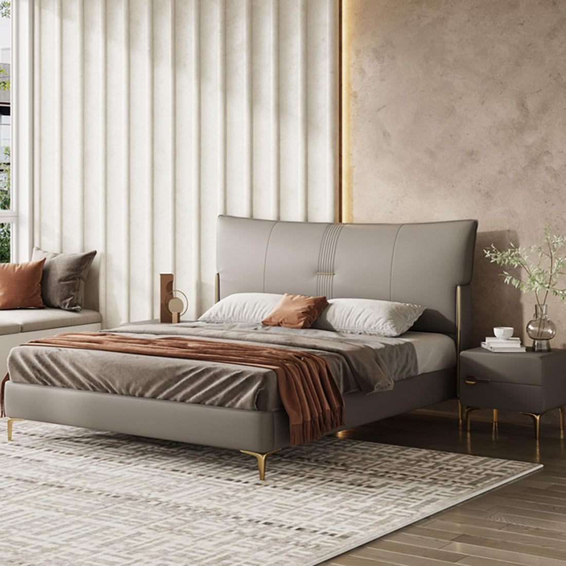 Modern Leather Queen Platform Bed