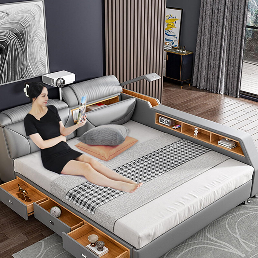 Modern Grey USB Leather Platform Bed