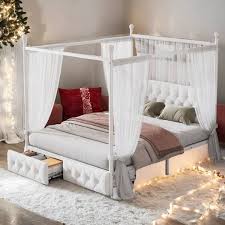 Metal Canopy Platform Bed – White